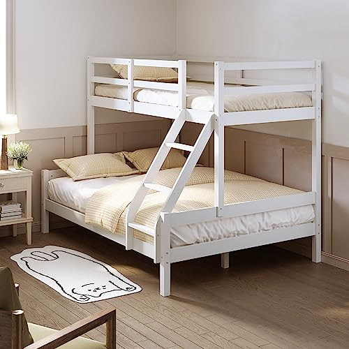 ELEGANT White Wooden Triple Sleeper Bed Frame Solid Wood Bunk Bed Frame, 3ft Single for Kids & 4FT6 Double for Adults, Pine Wood Bedroom Furniture