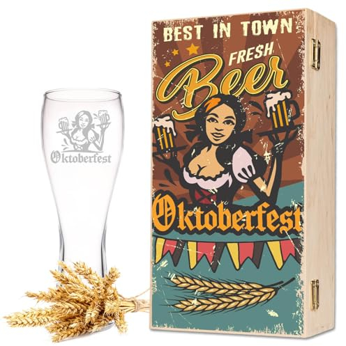 GRAVURZEILE Leonardo Weizenglas mit Gravur - Oktoberfest Madl - inkl. Holzkiste - Geschenke für Sie & Ihn zum Oktoberfest - Geschenk für Bierkenner - Geschenk für Ihn Männer & Frauen - 500 ml