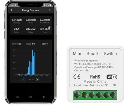 Bkiyougo 16A Wifi Smart Switch with Energy Monitoring, Alexa light switch, DIY Wireless Remote Control Module with Smart Life App, Voice Control, Compatible with Amazon Alexa,Google Home(1 Pack)