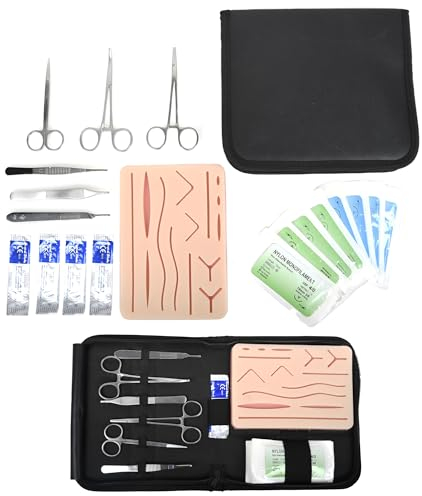 GIMA - Kit di Esercitazione per suture con cuscino simulatore in silicone, 4 lame bisturi in acciaio, 6 strumenti, 8 suture e astuccio in cuio nero, 23022