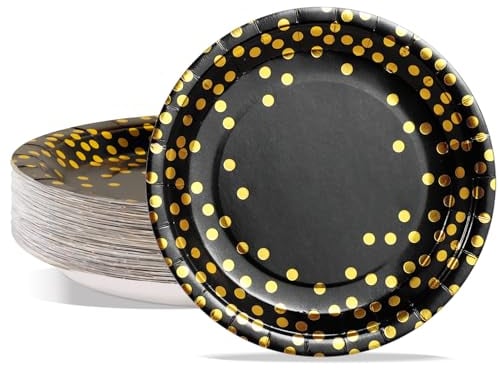 AIPartywar Party Paper Plates - 50-Pack Disposable Black & Gold Foil Polka Dots, 9-Inch Dinner Plates for Graduation, Wedding, Birthday Parties