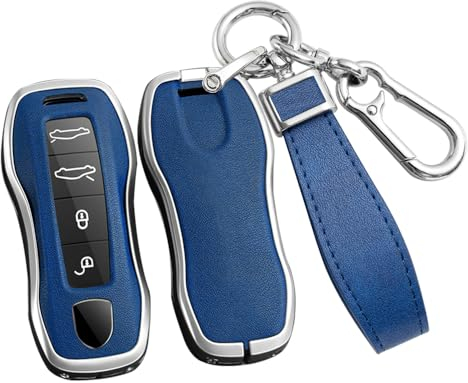 ontto Coque de Protection pour clé - Convient pour Porsche Cayenne Macan Panamera Taycan 718 911 971 2020-2024 - en Cuir synthétique - Porte-clés de Voiture - 3/4 Boutons - Argent - Bleu