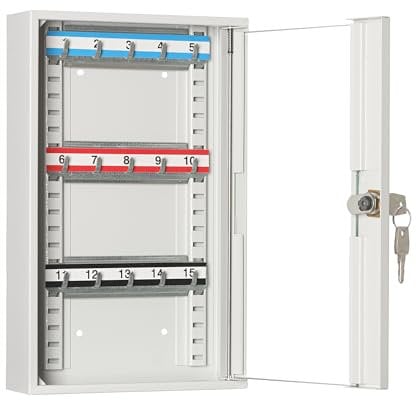LEOMAR Schlüsselschrank, Schlüsselkasten mit 15 Haken, Schlüsselbox aus Stahlblech mit Glastüren, mit Verstellbaren Hakenleisten, Organizer zur Wandbefestigung, Abschließbar, 6 x 20 x 32 cm