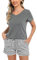 Bresdk Pyjama Carreaux Femme Ete Vêtements de Nuit Short Pijama Plaid col V Manche Courte Enseblems de Pyjama Sexy Chic 2 Pièce Coton, Gris chiné foncé (Col V), S