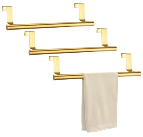 RETON 3 PCS Over The Door Towel Rail, Stainless Steel Tea Towel Holders- 23cm, Kitchen Towel Rail with Anti-slip Pads, No Drilling (Gold)