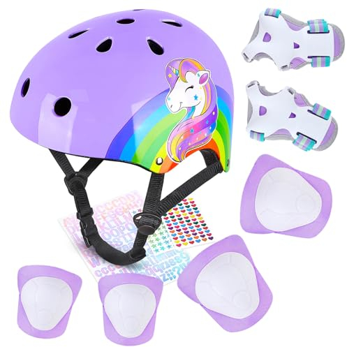 MHJY Casco Bicicleta Niño Casco de Bici Edad 3-8 Años Rodilleras y Coderas de Unicornio Equipo de Protección Ajustable con Pegatinas DIY para Niñas Ciclismo, Skate, Patinete, Patines