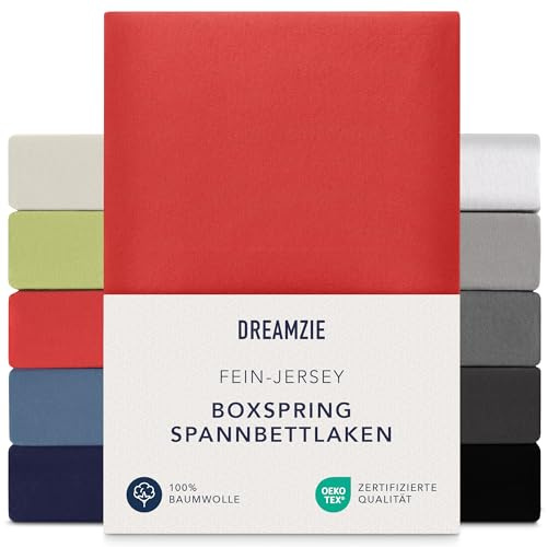Dreamzie - Spannbettlaken Boxspringbett - 90x200cm / 100x200cm - Baumwolle | Rot · 100% Premium Jersey · 37cm Hoch · Oeko-Tex zertifiziert · Elastikband · Spannbetttücher für Hohe Matratzen