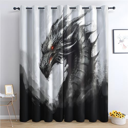 SZLYZM Drachen Vorhänge, Verdunklungsvorhänge mit Muster Fantasie Tiere, Vorhang Blickdicht mit Ösen, Gardinen für Wohnzimmer Schlafzimmer Kinderzimmer Deko 2er Set - 160x132 (H X B) (Qm-&203)