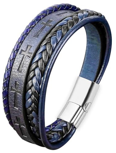 Mochity Bracelet Cuir Homme, Bracelet Perle Homme, Noir bleu Marron Bracelets Pour Hommes, Avec Boîte Cadeau (J)