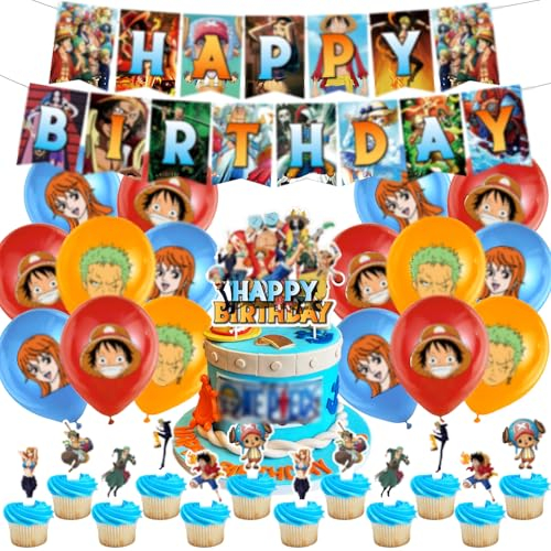 Décoration d'anniversaire Anime : ballons, bannières d'anniversaire et décorations de cupcake - 32 pièces pour décoration de fête sur le thème de l'anime