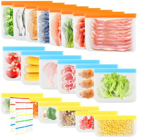 20 Pack Reusable Food Storage Bags 3 Sizes Reusable Freezer Bags Silicone Zip Lock Pouches Eco-Friendly Liquid Leakproof Clear With 2 Food Stickers for Keeping Sandwich Vegetables Fruit Grains Fresh