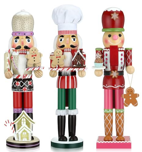 Namalu Set of 3 Christmas Nutcracker 14-15 Inch Wooden Gingerbread Man Chef Nutcracker Figures for House Holiday Party Shelve Desktop Table Christmas Decorations Handmade Collectible Xmas Gifts