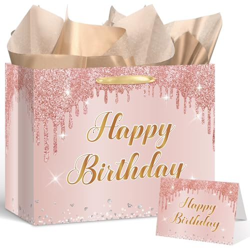Yoirrat Roségoldene Geburtstagsgeschenktüte für Frauen und Mädchen, große rosa Happy Birthday Geschenktüte mit Geschenkpapier und Karte für Frauen Mädchen Geburtstag Dekorationen Partyzubehör