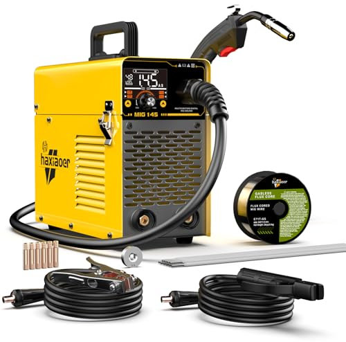haxiaoer 145A MIG Welder Gasless 3 in 1 Semi-Automatically Synergy MIG Welding Machine with Smart Digital LED Dispaly, Come Welding Rods Flux Wires, Best for Beginner