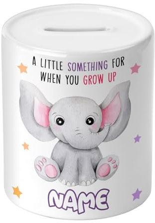 Baby Girl Gift Personalised Piggy Bank For Babies - Cute Animal - Newborn Girls Gifts Money Box - Custom Name - Savings Jar Decor Coin Box Money Bank - Nursery Accessories Ceramic Keepsake (Elephant)
