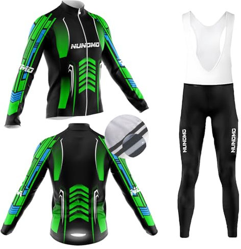 Radtrikot Set Herren Langarm Fleece Fahrradbekleidung Anzug Männer schnell trocknend Radjacke+ Lange Radlerhose mit 9D Gepolsterten Trägerhosenfür MTB Outdoor (#1A,5XL)
