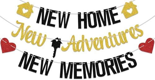 Banner New Adventures New Memories, Einweihungsdekorationen, Willkommensfeier für Familie und Freunde, schwarzer Glitzer