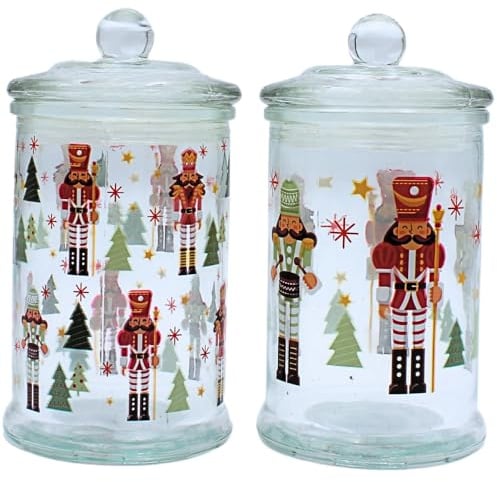 Dekohelden24 Aromadose, Frischhaltedose, Glasbehälter mit Weihnachtsmotiv, Keksdose mit Nussknacker Motiv aus Glas, H/Ø: 19 x 10 cm, Fassungsvermögen 600ml pro Glas, Lieferumfang 2 Vorratsgläser.
