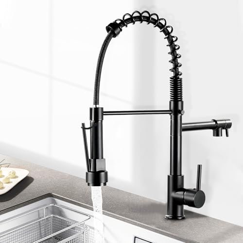 DOKKOME Wasserhahn ausziehbar Waschtischarmatur Küchenarmatur 360°Schwenkbar Spültischarmatur mit Doppelt Getrennten Düsen Einhebel Mischbatteri 2 Wasserstrahlarten Schwarz
