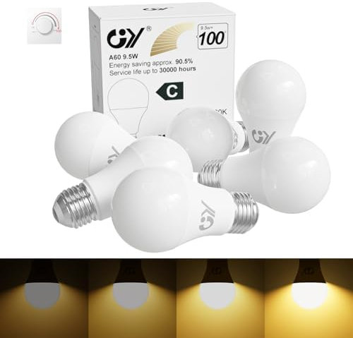 GY E27 LED Warmweiss Dimmbar Glühbirne, 9,5W 3000K 1521 Lumen Warmweiße Lampe, Ersetzt eine 100W birne, Dimmbare Energiespar-Glühbirnen, 6er Pack