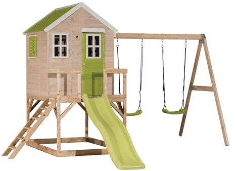 Wendi Toys M28 Stelzenhaus mit Rutsche und Doppelschaukel, Outdoor Spielturm aus FSC-Holz für Kinder Garten, Podesthöhe 90 cm, 330 × 405 × 242 cm, mit 175 cm Rutsche, Sandkasten, wetterfest