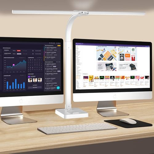 Doppelkopf Schreibtischlampe LED dimmbar,24W 80CM Schreibtischlampe groß und hell,Augenschutz desk lamp büro lampe schwarz,Schwanenhals tischlampe monitor lampe mit 25 Beleuchtungsmodi (Weiß)