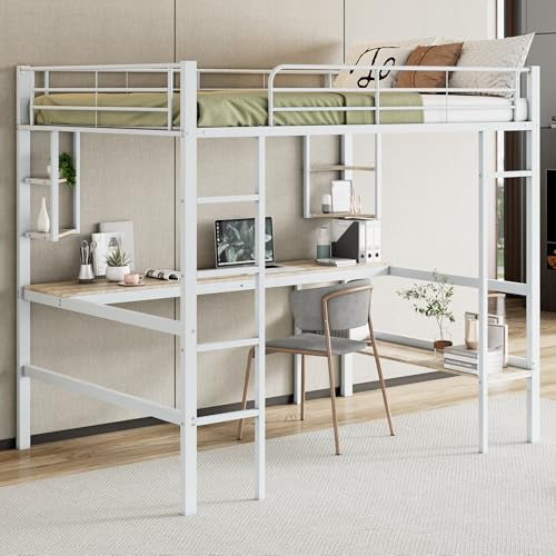 Hochbett, Bettgestell Metallbett, Eisenbett mit Schreibtisch, Ohne Matratze, Hochbett mit vier kleinen Regalen und einem großen Bücherregal für Kinder, Jugendliche und Erwachsene (Weiß, 140x200cm)