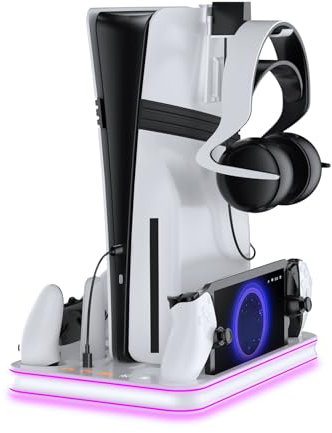 EJGAME PS5 Pro/Slim/PS5 Stand and Cooling Station with RGB Lighting Controller Charging Station for Playstation 5 Console, PS Portal Charging Dock, P5 Pro Accessories with 3 Level Cooling Fan (White)