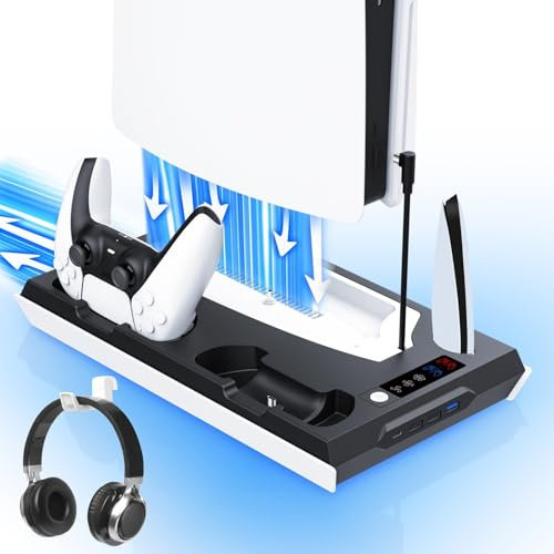 fivtek Stazione di raffreddamento sottile PS5/PS5 con stazione di ricarica a doppio controllo, supporto di raffreddamento per console Playstation 5, supporto per cuffie/ventola di raffreddamento