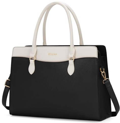 RAINSMORE Handtasche Damen Shopper Tasche Damen Groß Arbeitstasche Laptoptasche Damen 15.6 Zoll PU Leder Wasserdicht Aktentasche für Business Arbeit Schwarz und Weiß