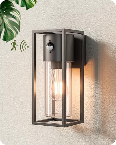 EDISHINE Wandlampe Innen/Außen mit Bewegungsmelder, Wandleuchte Aluminium, IP44 wasserdicht, E27 Fassung, moderne Wandbeleuchtung für Garten, Fassade und Haustür, ohne Leuchtmittel, Anthrazit