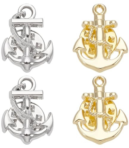 WEBEEDY 4 pièce Broche Ancre en Or Argenté pour Hommes Femmes Épinglette de Marine pour Décorer les Costumes Accessoires de Vêtements pour Col de Chemise Manteau Veste Chemise Broche de Costume