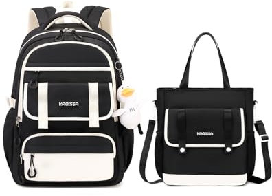 Amythe Schulranzen Mädchen 2 Teilig, Schulrucksack für Mädchen der 3. 5. bis 7. Klasse, Rucksack Schule Teenager, Schultasche Set mit Umhängetasche, Lässiger Kinderrucksack, 45cm, Schwarz