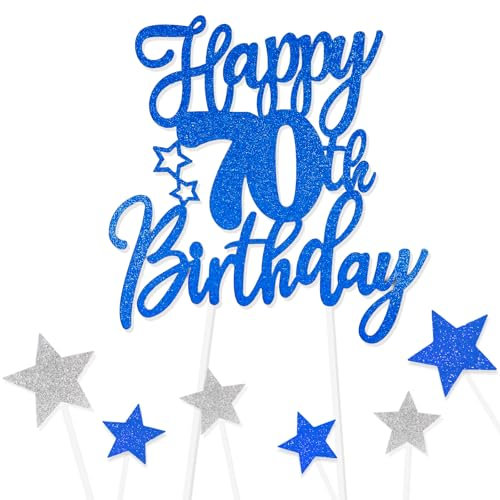 Royal Blue Happy 70th Birthday Cake Toppers for Cake,Personalised Cake Toppers for Boy Men Girl Women Decorations,Glitter Cupcake Topper Cake Topper Kit 70th Birthday Party Cake Decoration Supplies