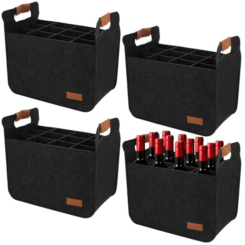 LOPYXBR 4 PCS 12 Bottle Wine Carrier Tote 14.6x12.6x8.7 Inch Wine Shipping Box 12 Bottles Liquor Bottle Storage Bag Black Wine Bottles Storage Bag for Party, Travel, Picnic