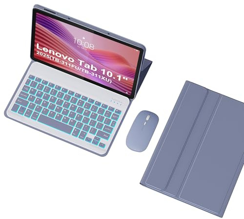 HLTOOP Custodia con Tastiera per Lenovo Tab 10.1 2025 (TB-311FU/TB-311XU), Tastiera Wireless Retroilluminata Rimovibile con Copertura Protettiva, Mouse Tablet,Viola