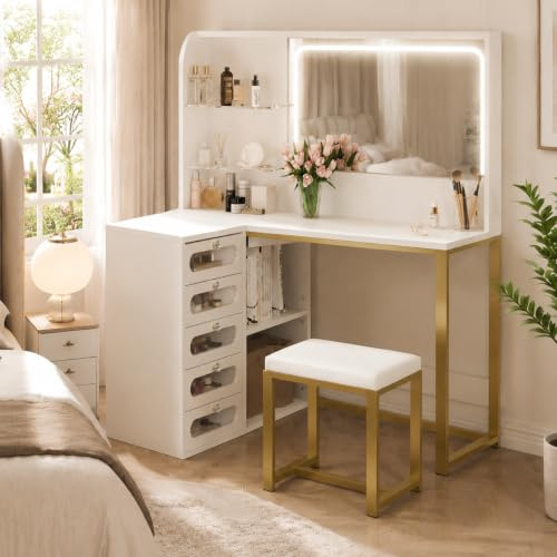 Schminktisch mit Spiegel LED Weiß, 5 Schubladen, Kosmetiktisch Modern Blanc | 3 Lichtfarben · 5 Schubladen · verstellbare Acryl-Ablagen · elegantes Weiß-Gold Design · stabiler Metallrahmen