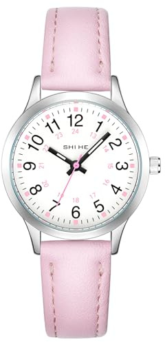 CIVO Montre Enfant Fille Garcon 5-14 Ans: Analogique Cadran Facile à Lire avec Grands Chiffres - Montre d'apprentissage Étanche Bracelet en Cuir Rose - Cadeaux d'anniversaire pour Enfants