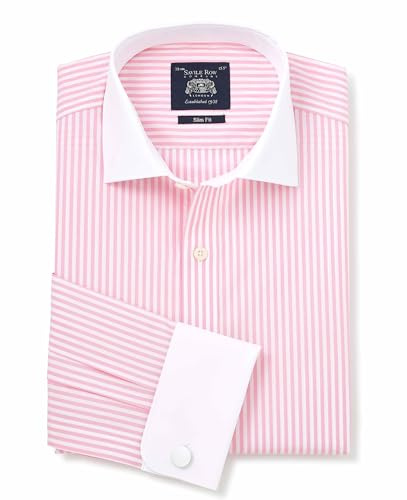 THE SAVILE ROW COMPANY LONDON Herrenhemd, schmale Passform, Baumwoll-Popeline, lange Ärmel, formelle Passform, doppelte Manschette, Rosa Weiß gestreift/weißer Kragen und Bündchen, 17 Neck / 35 Sleeve