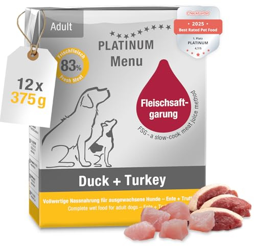 PLATINUM - Nassfutter für Hunde Menu Adult Duck+Turkey aus FSG - 12x 375g | Zubereitet aus Frischfleisch für kleine & große Hunde - glutenfrei - nährstoffreich - leicht verdaulich - in DE geprüft
