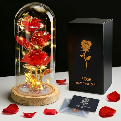 TAVADA Rosa Eterna in Vetro con LED, Regalo San Valentino | Fiore Stabilizzato — Idee Dono per Festa della Mamma, Anniversario, Compleanno e Natale, per Donna, Fidanzata, Moglie