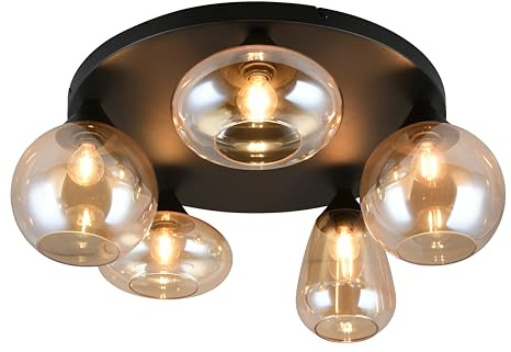 Trio Leuchten Deckenleuchte Lumina 617030513, Metall Schwarz matt, Glas amberfarbig, exkl. 5x E14