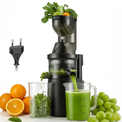 Exprimidor Lento 500W,Licuadora Eléctrica con Boquilla de Alimentación de 125mm,Exprimidor de Verduras y Frutas para Frutas Enteras y Verduras,Libre de BPA con 2 Recipientes,Cepillo y Recetas de Jugos