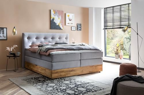Belanoti MARBO Boxspringbett 200x200 mit Bettkasten 7-Zonen Taschenfederkern Matratze inklusive Visco Topper Bett 200x200 Eiche in der Farbe Hellgrau H2/H3 Polsterbett mit Massivholz Eiche