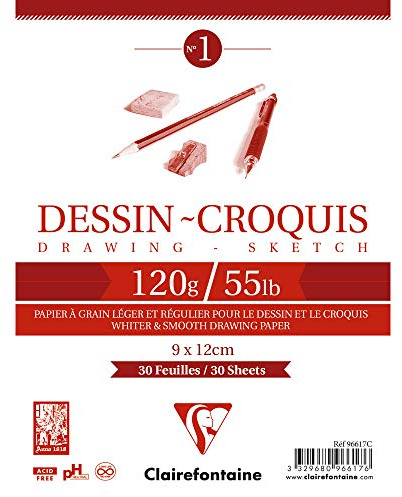 Clairefontaine - Ref 96617C - Wirebound White Drawing Sketch Pad (30 Sheets) - 9 x 12cm Sized, 120gsm Paper, White & Smooth Drawing Paper, Acid Free, pH Neutral