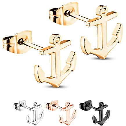 Treuheld® | Anker Ohrstecker/Ohrringe | 925 Sterling Silber | 10mm x 11mm x 0,8mm | Gold | Set/Paar Anchor Schmuck Stecker | Damen & Herren