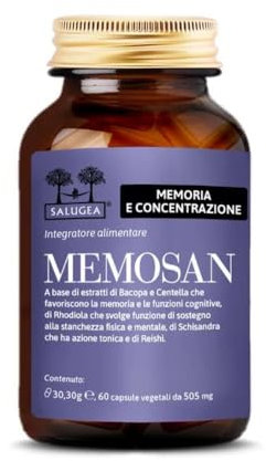 MEMOSAN Salugea - Integratore Naturale per la memoria e la concentrazione - Con Bacopa, Schisandra, Reishi, Rhodiola e Centella - 60 capsule vegetali - Flacone in vetro scuro farmaceutico