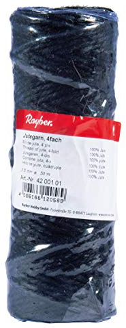 Rayher 4200101 Cuerda Yute, 3.5 mm de diámetro, 50 m, Negro, Cordel yute resistente