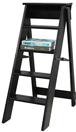 Haushaltsleiter Tritthocker Klappstufen mit 5 Stufen, Trittleiter aus Holz, Leiterstuhl Hockerleiter Erwachsene, Treppenstuhl klappbar für Zuhause Dachboden Workzone Camping Schwarz ( Color : Black )