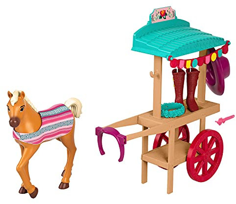 Dreamworks Spirit GXF70 – frei und ungezähmt“ Miradero Festival Karren mit Reitausrüstung, rollende Räder, Überdachung, Pony (13cm) und passendem Zubehör, tolles Geschenk für Kinder ab 3 Jahren